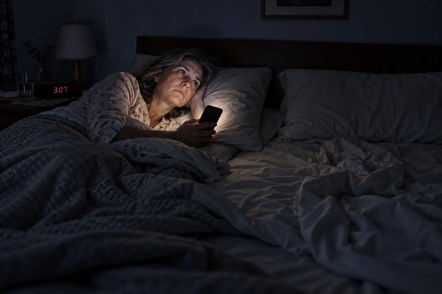 Una mujer despierta en la cama a las 3 de la mañana, con la cara iluminada por el celular