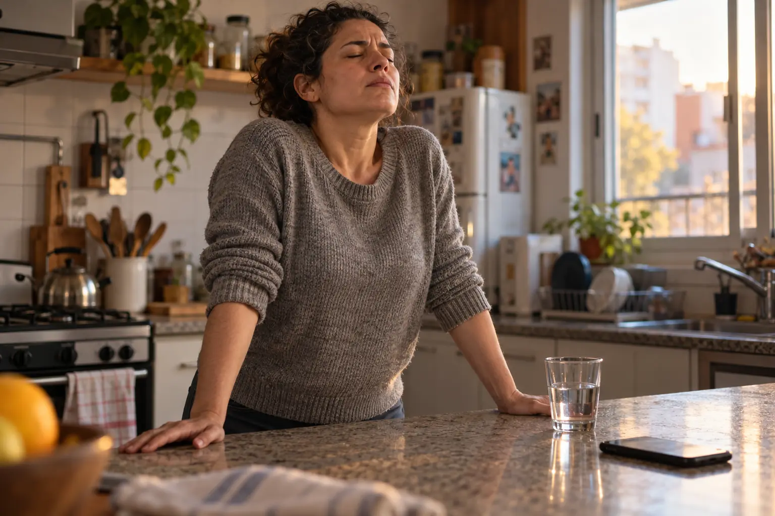 Una mujer apoyada en la mesada de la cocina, con los ojos cerrados, intentando respirar hondo sin calmarse