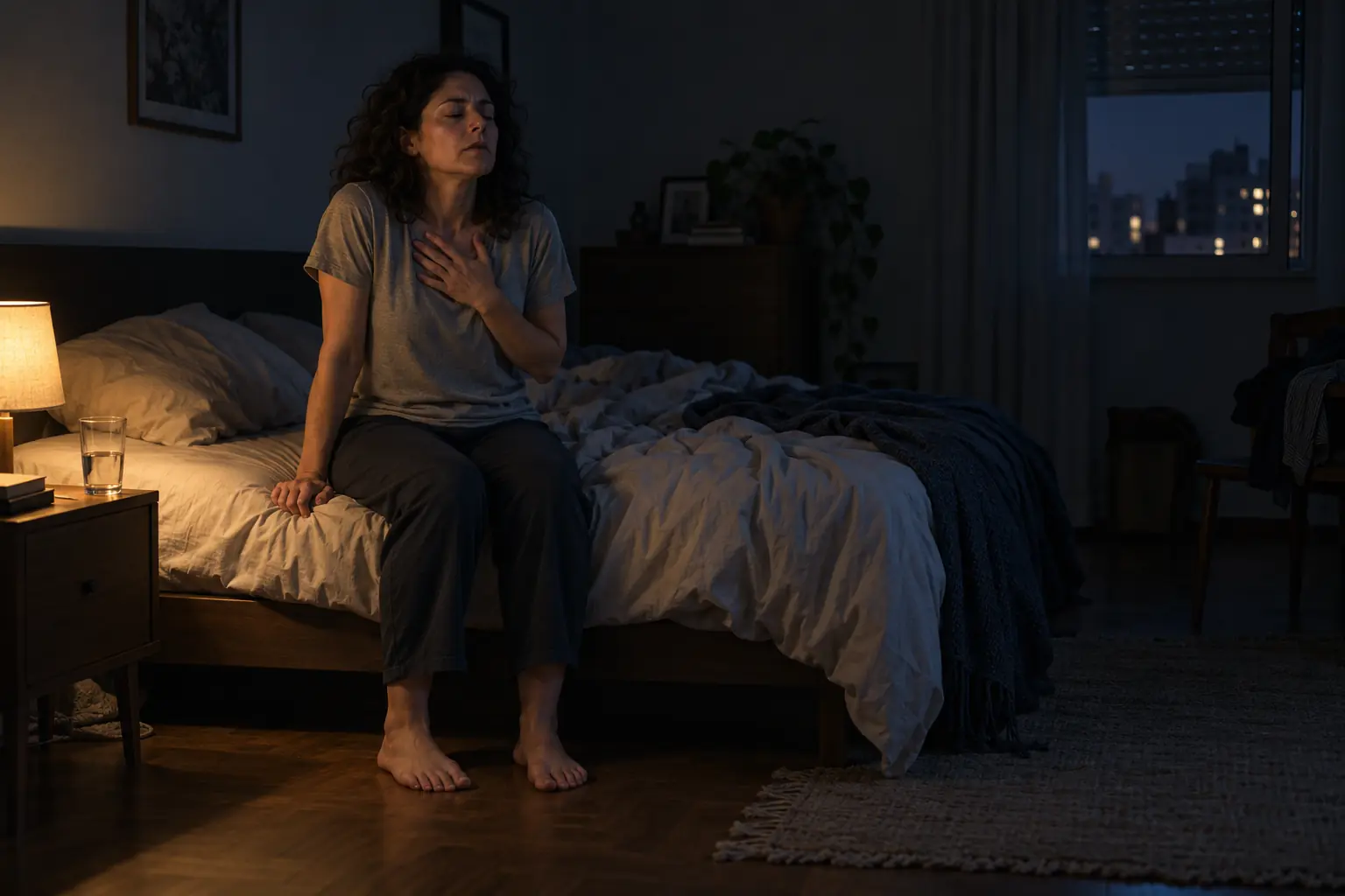 Una mujer sentada de noche en el borde de la cama, con la mano en el pecho y los ojos cerrados