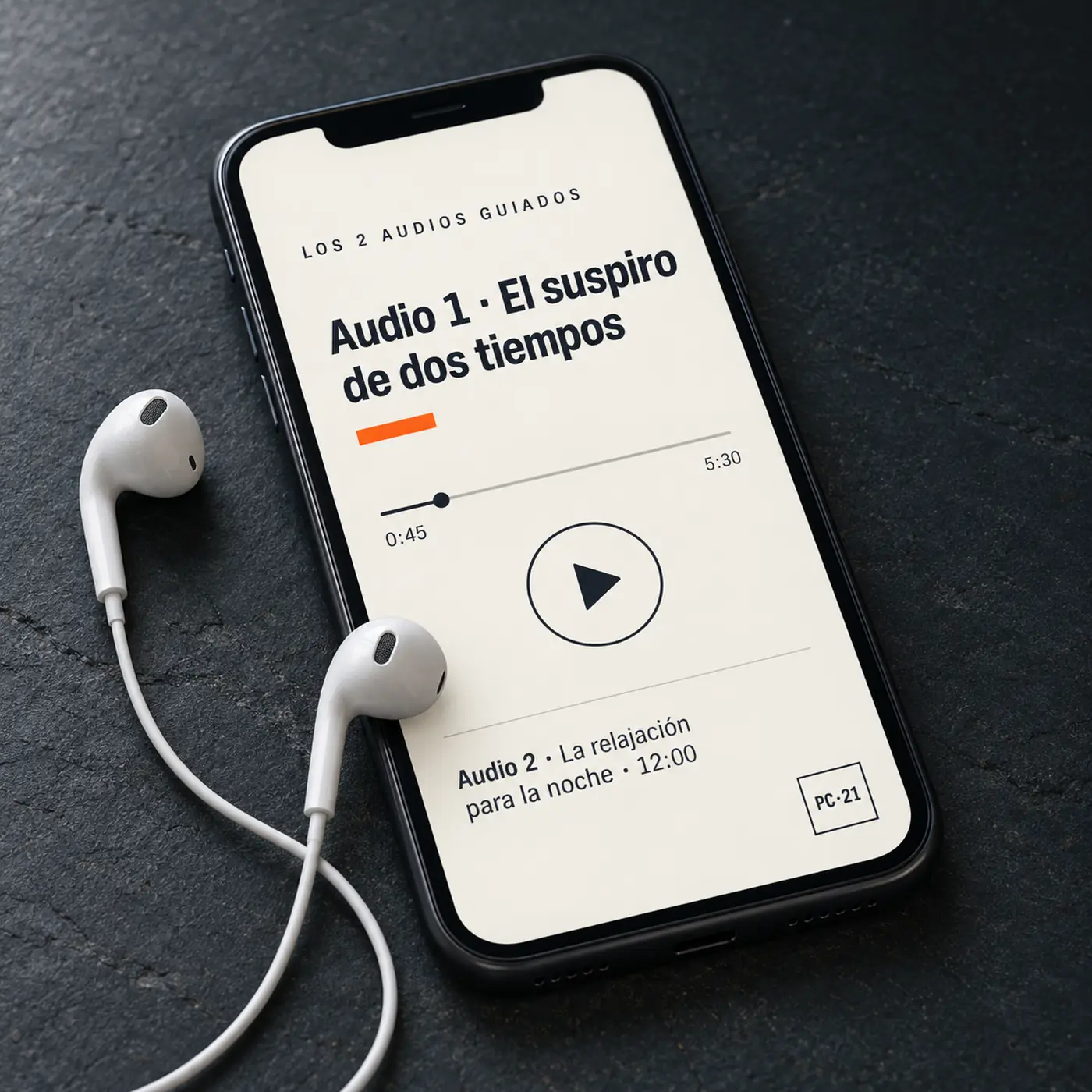 Los 2 Audios Guiados en el reproductor del celular, con auriculares al lado
