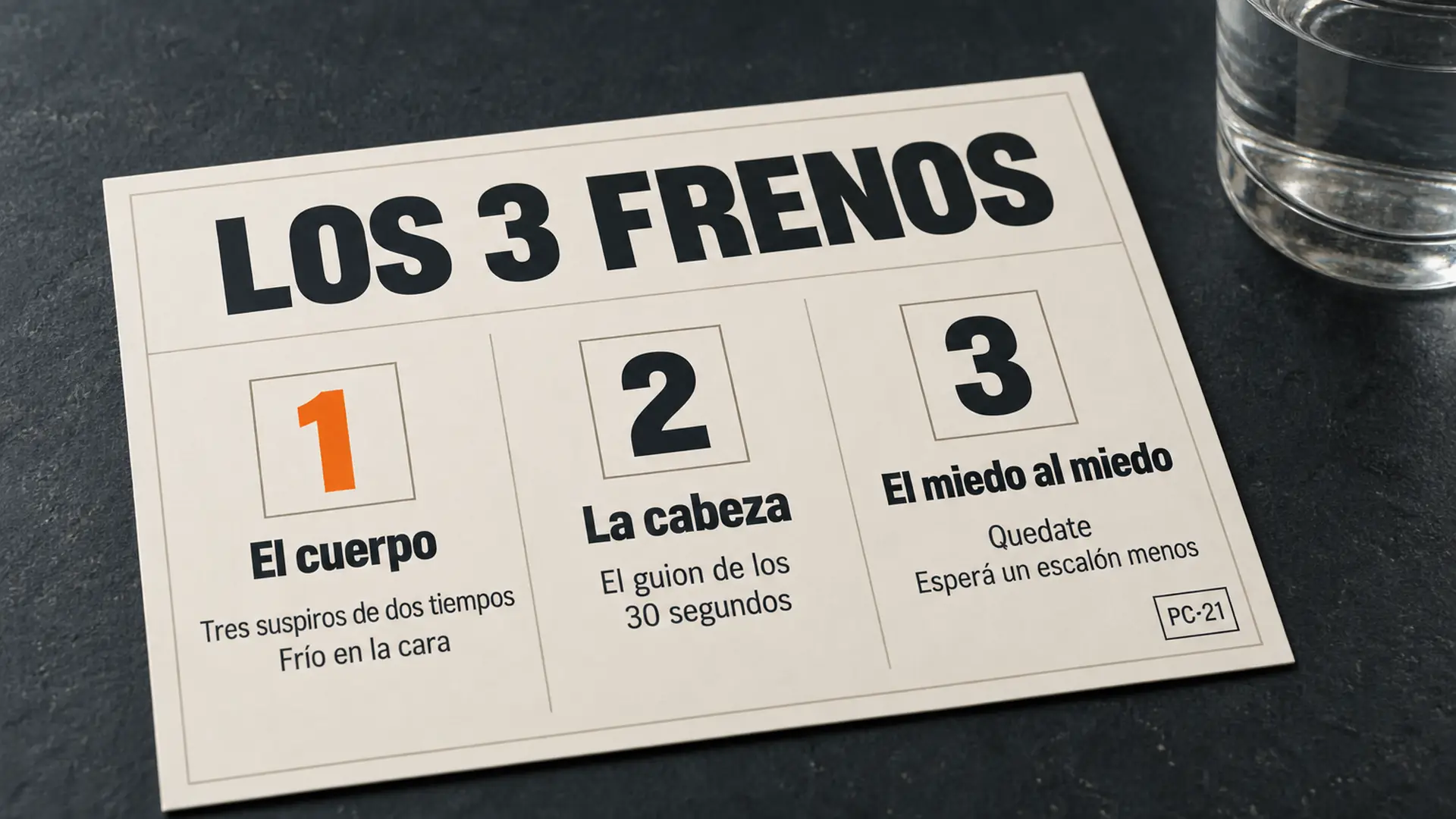 La tarjeta de los 3 frenos, impresa, apoyada sobre una mesa oscura al lado de un vaso de agua
