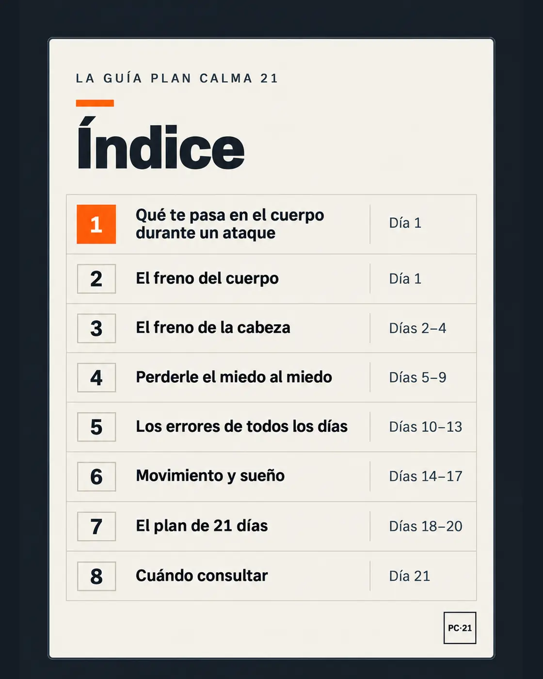 El índice de la guía: 8 capítulos